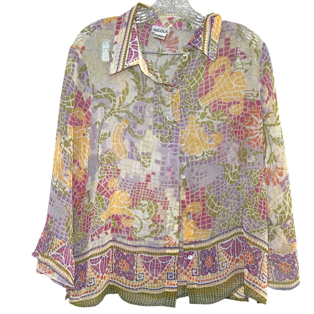 NICOLA Women's Sheer Mosaic Floral Print Button Down Blouse Shirt Top Size L Art